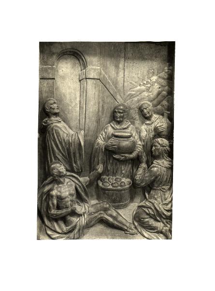 Milano - Abbazia di Chiaravalle - Coro, stalli, specchio 28, S. Bernardo benedice il pane e l'acqua per gli ammalati