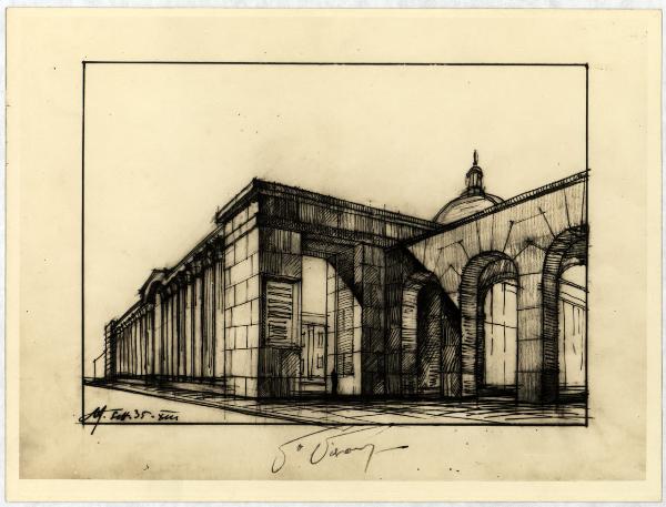 Milano - Basilica di S. Lorenzo Maggiore - Progetto di ristrutturazione dell'area circostante la Basilica, disegno prospettico (Tav - 35)