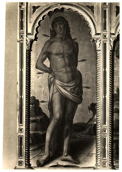 Milano - Pinacoteca Ambrosiana. Bartolomeo Vivarini, San Sebastiano, particolare di polittico, olio su tavola (1486).