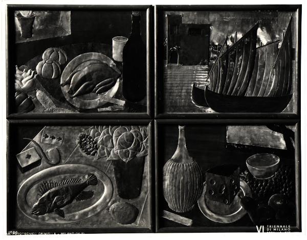 Milano - VI Triennale d'Arte. Quattro pannelli in metallo lavorato a sbalzo incorniciati con soggetto di nature morte, opera di Luigi D'Olivo.