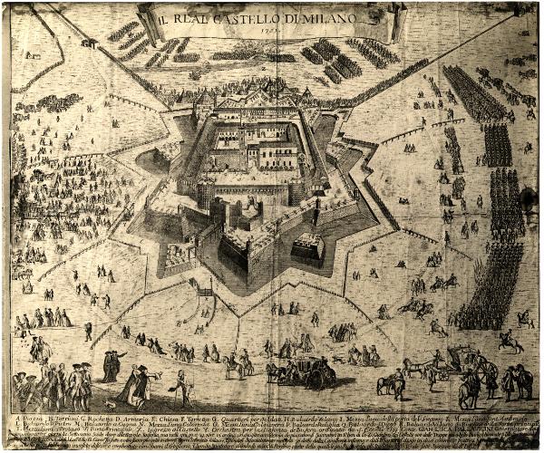 Incisione (acquaforte) - Il Real Castello di Milano, pianta prospettica del Castello con parata militare (1751) - Marc'Antonio Dal Re - Milano - Civica Raccolta delle Stampe Achille Bertarelli - N. CATALOGO?