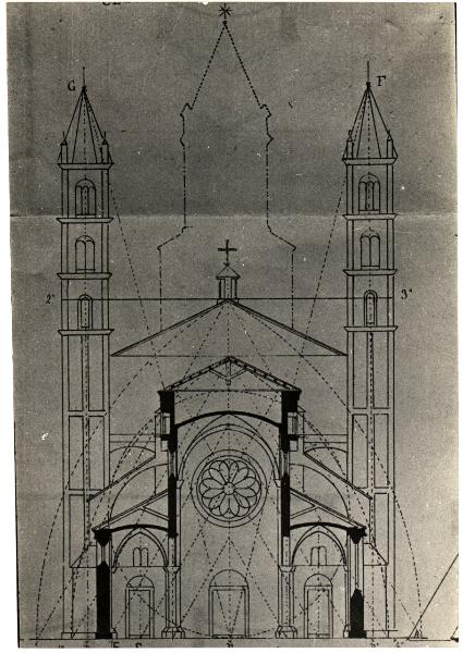 Vercelli - Basilica di S. Andrea. Sezione architettonica ortogonale della facciata.