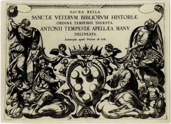 Milano - Castello Sforzesco. Civica Raccolta delle Stampe Achille Bertarelli, Albo E 150, tav. 1 a, Sacra bella sanctae veterum bibliorum historiae [...], frontespizio, copia in controparte da Antonio Tempesta, acquaforte (post 1613).