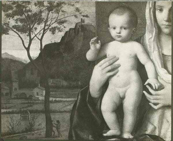 Milano - Pinacoteca di Brera. Giovanni Bellini, Madonna con Bambino, particolare dello sfondo e del Bambino, olio su tavola (firmata e datata 1510).