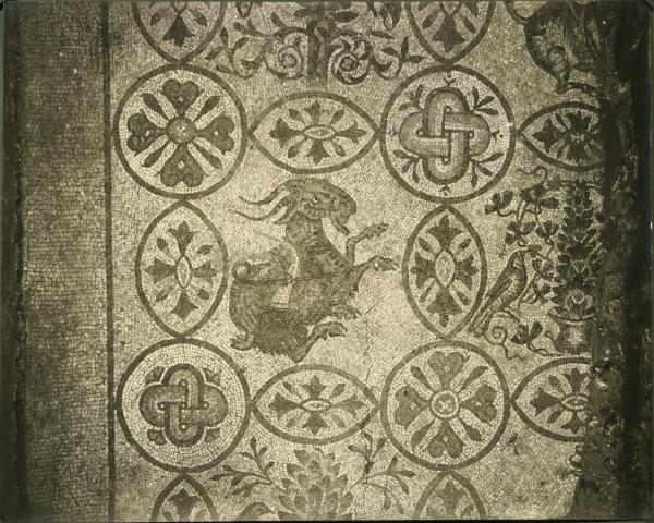 Aquileia - Basilica. Cripta degli Scavi, particolare del mosaico pavimentale raffigurante una capra con basto, corno e verga pastorale e motivi geometrici (IV sec.).