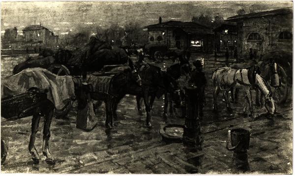 Milano - Raccolta Avv. Gallina. Luigi Gioli, stazione di posta, dipinto.