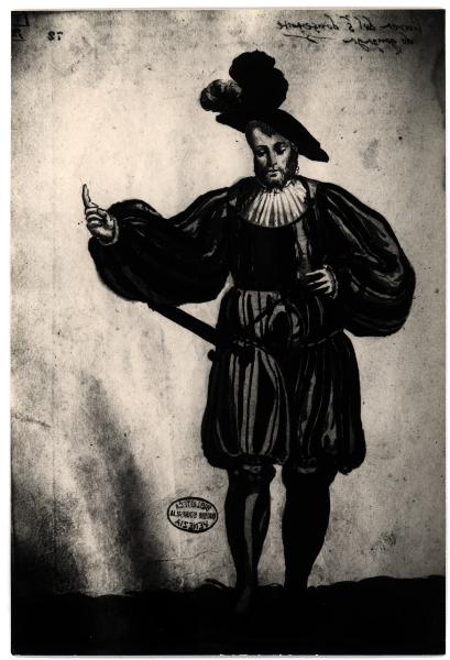 Venezia - Biblioteca Querini-Stampalia. Figura maschile frontale in abito cinquecentesco e cappello piumato, acquarello.