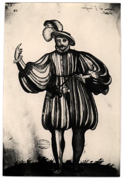 Venezia - Biblioteca Querini-Stampalia. Figura maschile frontale in abito cinquecentesco, cappello piumato e spadino, acquarello.