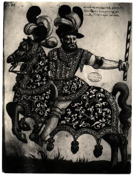 Venezia - Biblioteca Querini-Stampalia. Figura maschile in abito cinquecentesco da parata su cavallo coperto da paramenti recanti lo stesso fregio del cavaliere, acquarello.