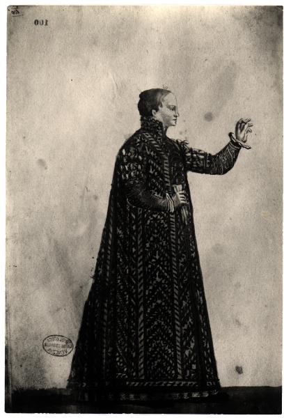Venezia - Biblioteca Querini-Stampalia. Figura femminile di profilo in abito cinquecentesco con guanto nella mano destra, acquarello.