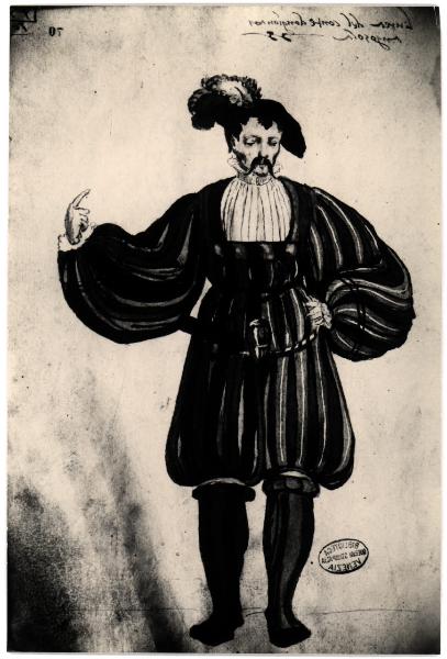 Venezia - Biblioteca Querini-Stampalia. Figura maschile in abito cinquecentesco con cappello piumato, acquarello.