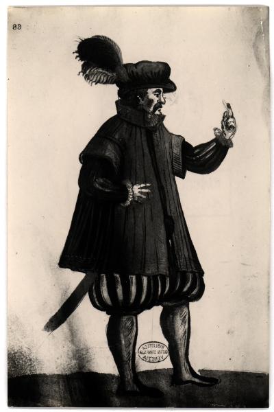 Venezia - Biblioteca Querini-Stampalia. Figura maschile di tre quarti in abito cinquecentesco con cappello piumato e spada, acquarello.