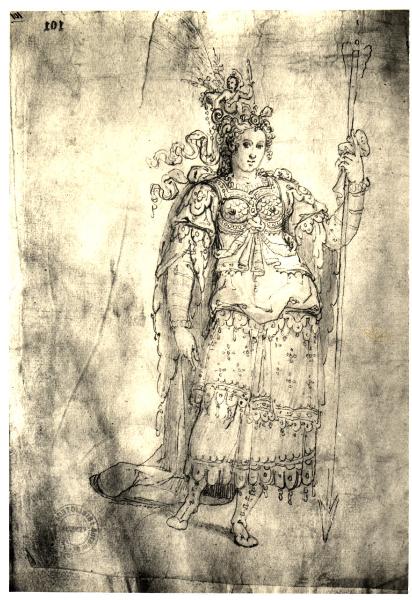 Venezia - Biblioteca Querini-Stampalia. Figura femminile allegorica in abito cinquecentesco con lancia, inchiostro e acquarello su carta (?).