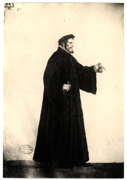 Venezia - Biblioteca Querini-Stampalia. Figura maschile di tre quarti in costume cinquecentesco con cappello, e guanto nella mano destra, acquarello.