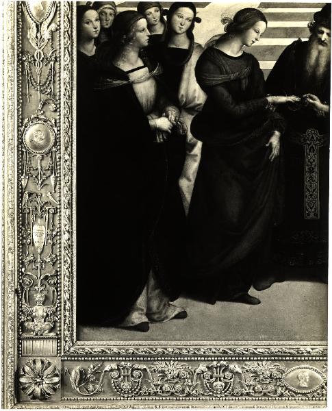 Milano - Pinacoteca di Brera. Raffaello Sanzio, Sposalizio di Maria Vergine, parte inferiore sinistra, olio su tavola centinata (firmata e datata 1504).