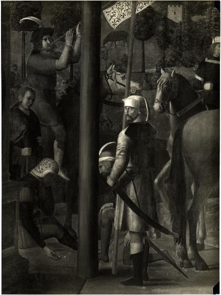 Milano - Pinacoteca di Brera. Michele da Verona, i soldati tirano a sorte il possesso della tunica di Cristo, particolare della Crocifissione, olio su tela (firmata e datata 1501).