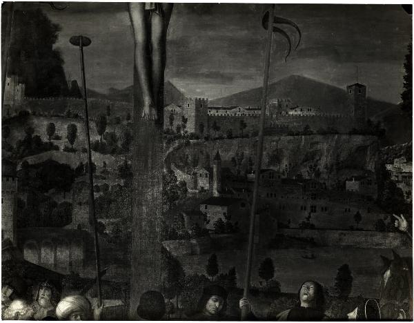 Milano - Pinacoteca di Brera. Michele da Verona, Crocifissione, particolare del castello sullo sfondo, olio su tela (firmata e datata 1501).