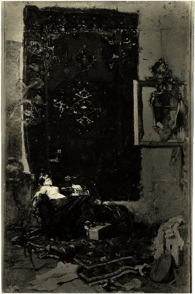 Antonio Mancini, interno con figura, olio su tela.