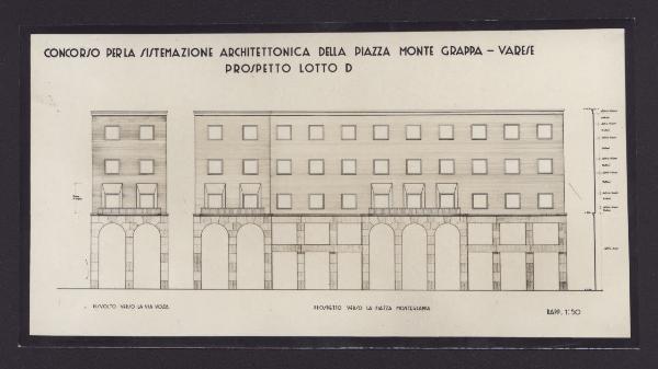 Varese. Progetto per la realizzazione di piazza Monte Grappa, prospetto verso la piazza e risvolto verso via Volta, lotto D (scala 1:50).