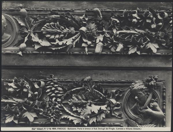 Firenze - Battistero. Porta a sud, Vittorio Ghiberti, particolare del fregio della cornice a motivi fitomorfi con testine di putti, rilievo in bronzo (1452-62).
