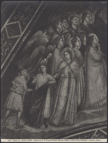 Assisi - Basilica inferiore di S. Francesco. Giotto, Allegoria della Povertà, schiera di angeli e un giovane che offre il mantello a un povero, particolare dell'affresco della vela verso la navata.