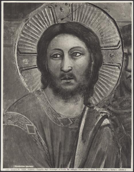 Padova - Cappella degli Scrovegni. Giotto, volto di Gesù Cristo, particolare di Gesù Cristo davanti a Caifa, affresco (1305-6).