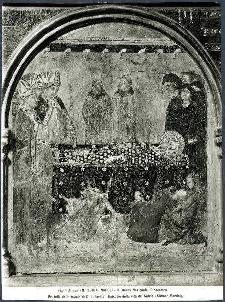 Napoli - Galleria Nazionale di Capodimonte. Simone Martini, un miracolo di S. Ludovico, particolare della predella della pala di S. Ludovico da Tolosa, tempera su tavola (1317).