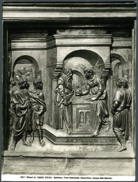 Siena - Battistero. Fonte battesimale, Jacopo della Quercia, Zaccaria scacciato dal Tempio, bassorilievo in bronzo dorato (modellato nel 1417e fuso nel 1430).