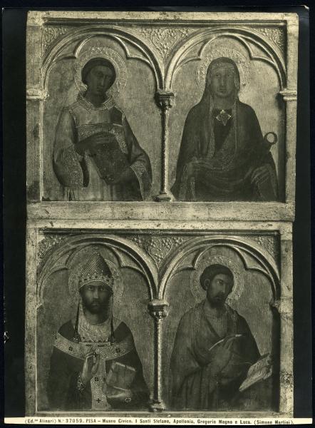 Pisa - Museo Nazionale di S. Matteo. Simone Martini, i Ss. Stefano, Apollonia. Gregorio Magno e Luca, scomparti della predella del polittico, tempera su tavola (1319).