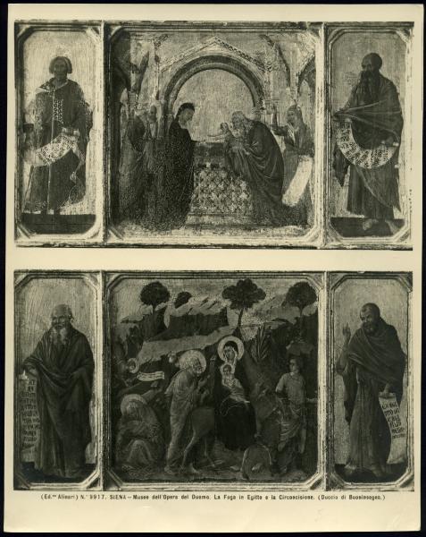 Siena - Museo dell'Opera del Duomo. Duccio da Buoninsegna, Presentazione di Gesù al Tempio tra i Ss. Salomone e Malachia sopra e sotto Fuga in Egitto tra i Ss. Geremia e Osea, oro e tempera su tavola (1308-1311).