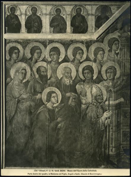 Siena - Museo dell'Opera del Duomo. Duccio da Buoninsegna, Maestà, particolare degli angeli e santi alla destra del trono, oro e tempera su tavola (1308-1311).