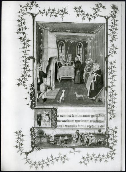 Torino - Museo Civico. Libro delle ore del Duca di Berry, J. Van Eyck, scena di corte (?), pagina miniata, pergamena.