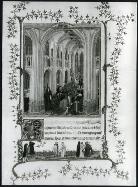 Torino - Museo Civico. Libro delle ore del Duca di Berry, J. Van Eyck, scena di funerale (?), pagina miniata, pergamena.