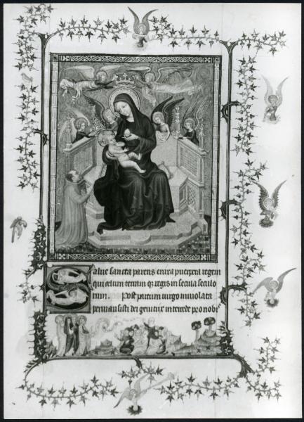 Torino - Museo Civico. Libro delle ore del Duca di Berry, J. Van Eyck, Madonna in trono con Bambino, pagina miniata, pergamena.