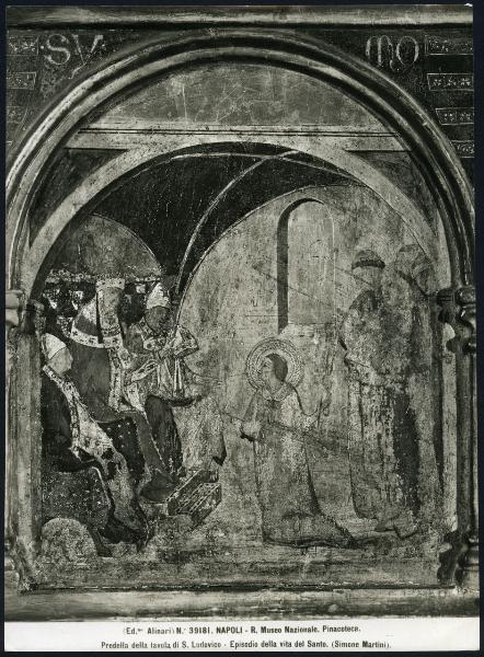Napoli - Galleria Nazionale di Capodimonte. Simone Martini, un episodio della vita di S. Ludovico, particolare della predella della pala di S. Ludovico da Tolosa, tempera su tavola (1317).