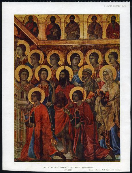 Siena - Museo dell'Opera del Duomo. Duccio di Buoninsegna, Maestà, particolare della schiera di angeli e santi alla destra del trono, oro e tempera su tavola (1308-1311).