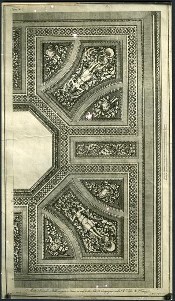 Giocondo Albertolli, metà della decorazione della volta di una delle sale da compagnia della Villa Reale di Monza, incisione su carta di Giacomo Mercoli.