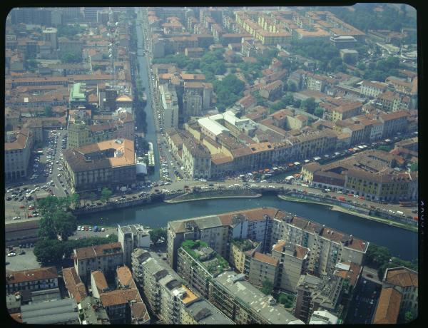 Milano. Zona Navigli. Darsena. Naviglio Grande e Naviglio Pavese. Veduta aerea.