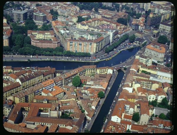 Milano. Zona Navigli. Darsena. Naviglio Grande e Naviglio Pavese. Veduta aerea.