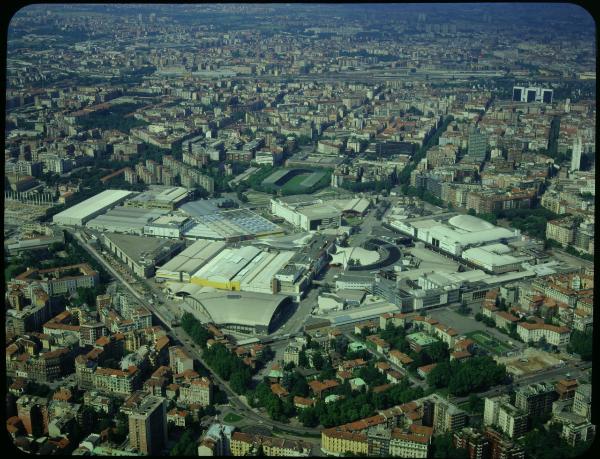 Milano. Fiera di Milano. Quartiere fieristico. Veduta d'insieme. Veduta aerea.