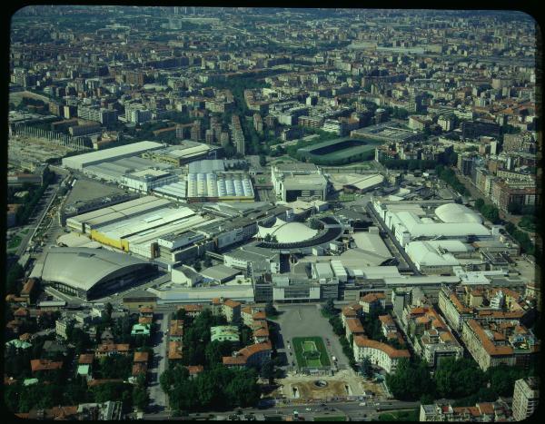 Milano. Fiera di Milano. Quartiere fieristico. Veduta d'insieme. Veduta aerea.