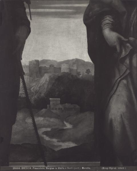 Dipinto - Madonna con Bambino e S. Giovannino in gloria, S. Benedetto, S. Paterio, S. Eufemia e S. Giustina (particolare del paesaggio) - Moretto - Brescia - Pinacoteca Tosio Martinengo