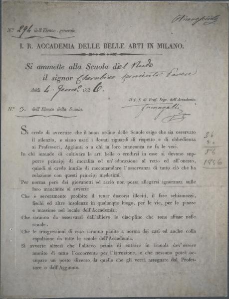 Riproduzione di documento - Accademia di Belle Arti di Brera - Certificato di ammissione alla Scuola del Nudo di Cherubino Cornienti