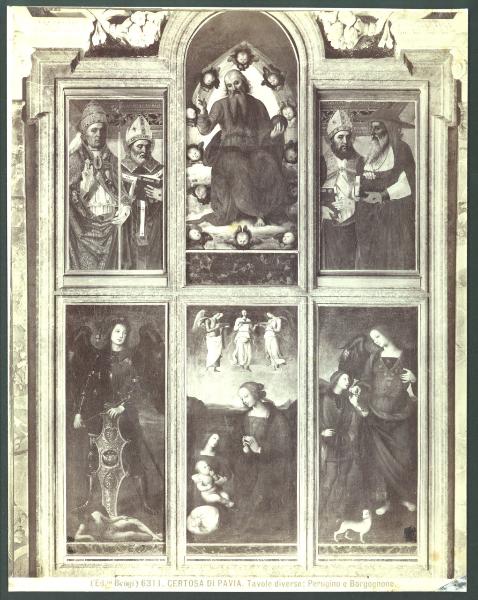 Dipinto - Certosa di Pavia - Chiesa della Certosa - Cappella di San Michele Arcangelo - Dio Padre benedicente, i quattro dottori della Chiesa, Maria Vergine in adorazione del Bambino e gli arcangeli Michele e Raffaele - Perugino e Bergognone