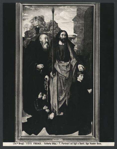 Scomparto di trittico dipinto - Tommaso Portinari con i figli Antonio e Pigello, S. Antonio abate, S. Tommaso e fuga in Egitto - Hugo Van der Goes - Firenze - Galleria degli Uffizi