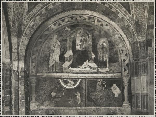 Dipinto murale - Madonna con Bambino e Santi e episodi della vita di un Santo Vescovo - Como - Basilica di S. Abbondio - Tribuna