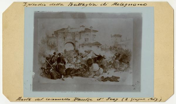 Disegno - Battaglia di Melegnano - Morte del colonnello Paulze d'Ivoy nel 1859