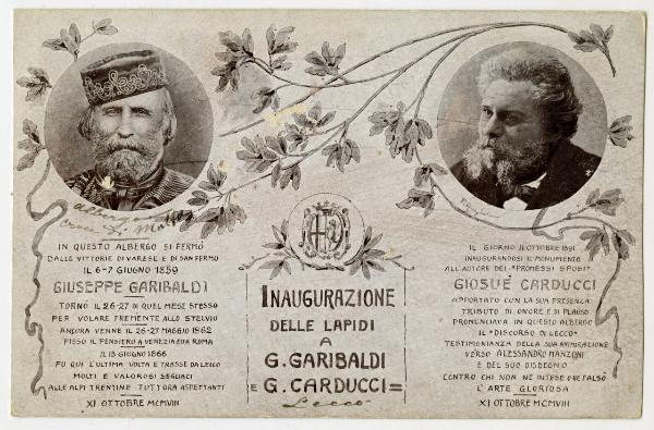 Cartolina celebrativa - inaugurazione lapidi Garibaldi e Carducci - Hotel Croce di Malta - Lecco - 21 ottobre 1908