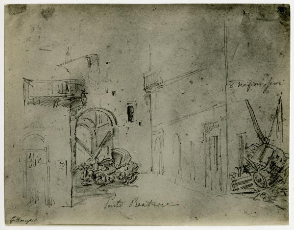 Disegno - Barricate a Milano durante le Cinque Giornate del 1848 - Porta Beatrice - Felice Donghi