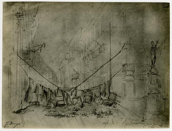 Disegno - Barricate a Milano durante le Cinque Giornate del 1848 - Corso di Porta Romana, vicino a Porta Vigentina - Felice Donghi